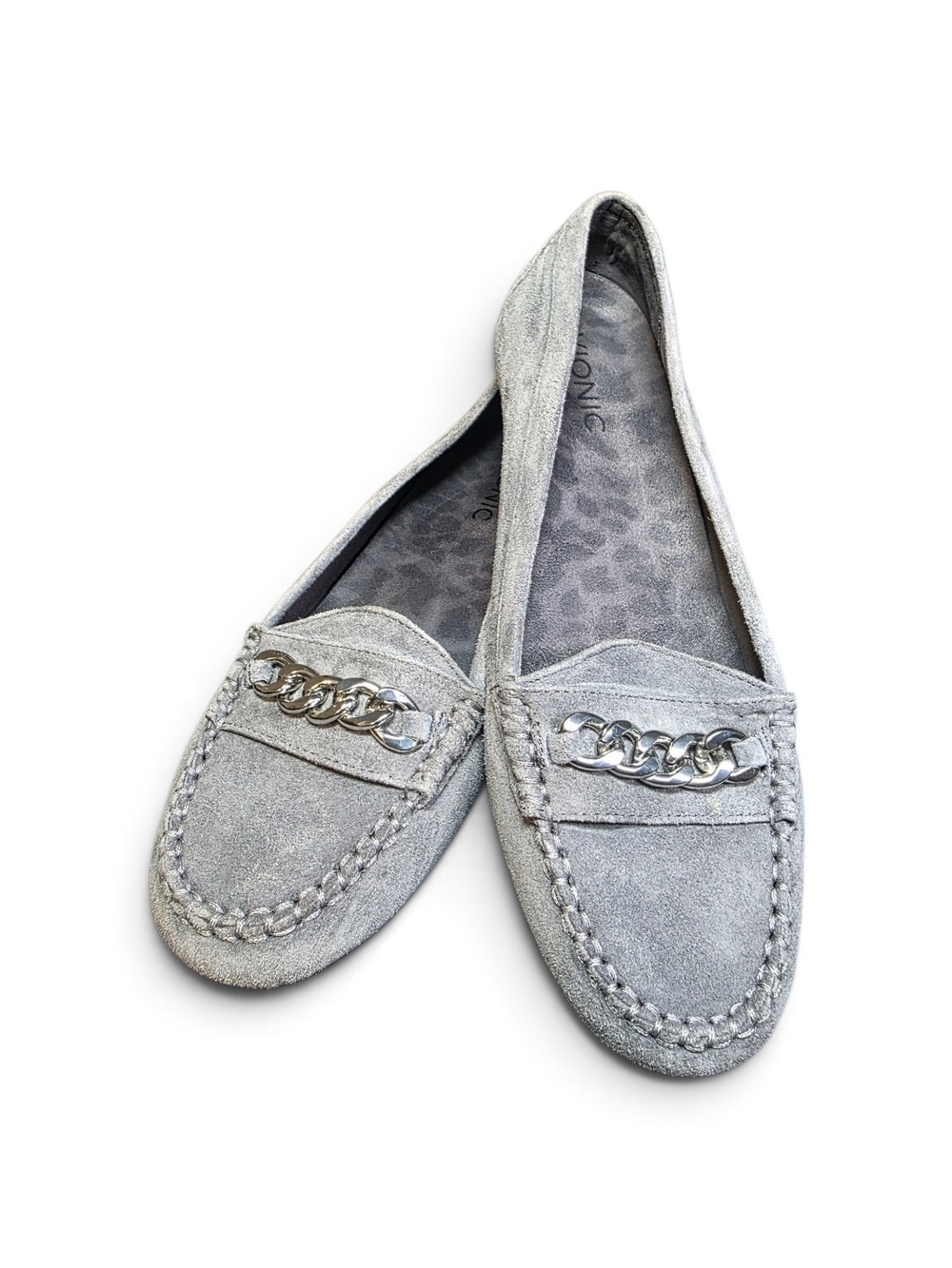 Vionic Mesa Gray Suede Chain Loafers Comfort Flats Wide Width Size 7